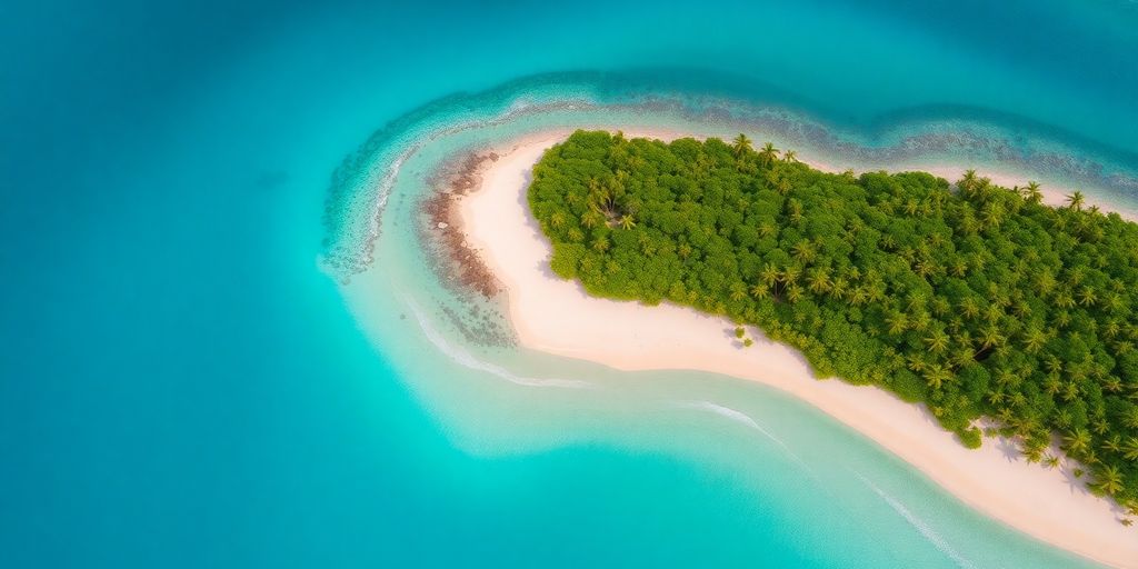 Aerial view of a tropical island with clear waters.