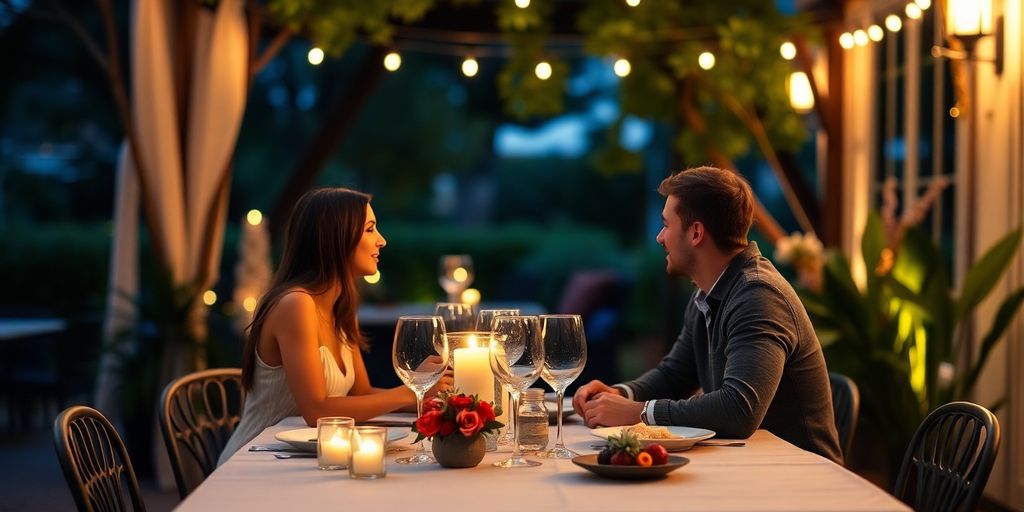 A romantic dinner setting with a couple outdoors.