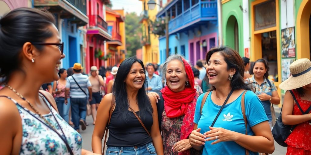 Women chatting in a colorful South American street.