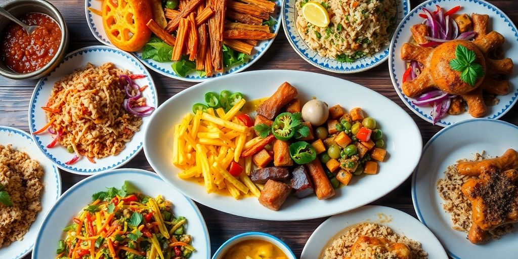 Colorful international dishes on a rustic table.