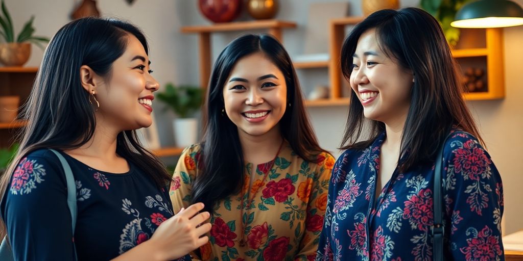 Mujeres latinas y asiáticas sonriendo juntas en atuendos culturales.