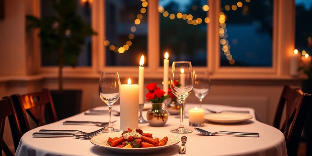 Romantic dinner setting with candles and Italian food.