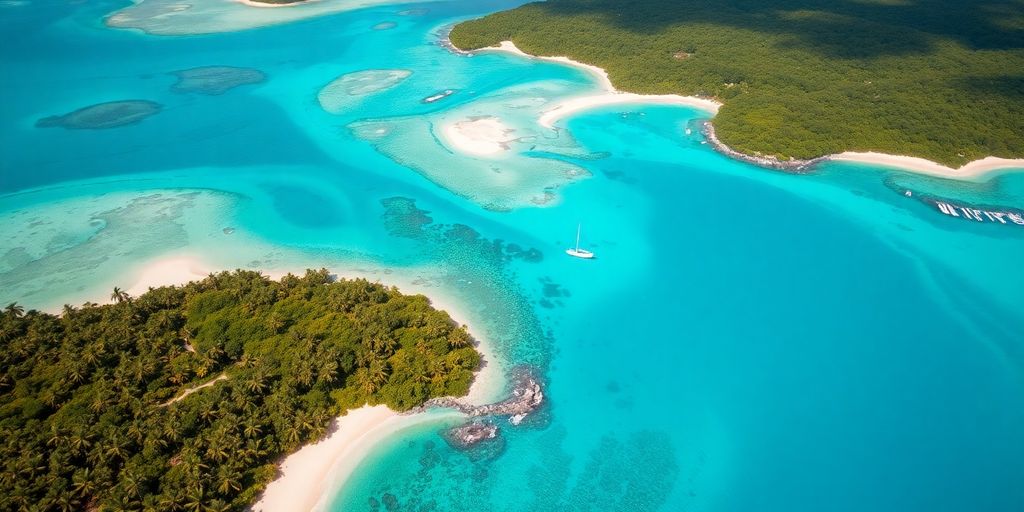 Aerial view of Caribbean islands with clear turquoise waters.