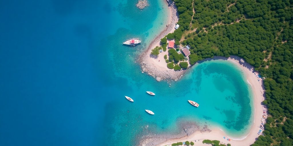 Aerial view of a sunny European island with beaches.