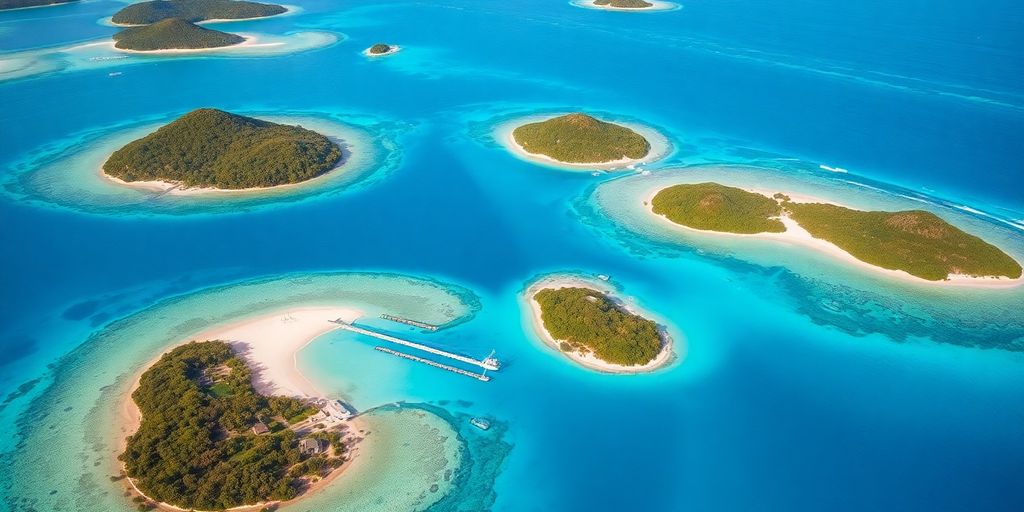 Aerial view of beautiful Caribbean islands and clear waters.