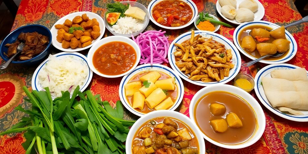 Traditional Filipino dishes on a table with colorful decor.