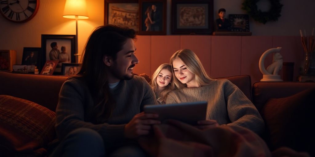 Couple on a video call in a cozy setting.