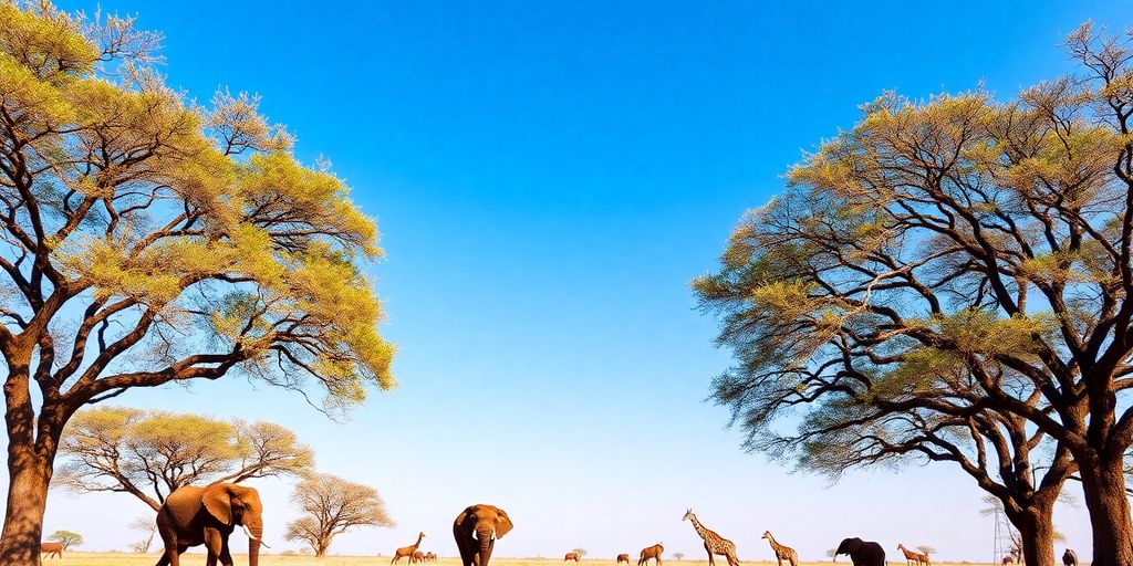 African savannah with wildlife and acacia trees under blue sky.