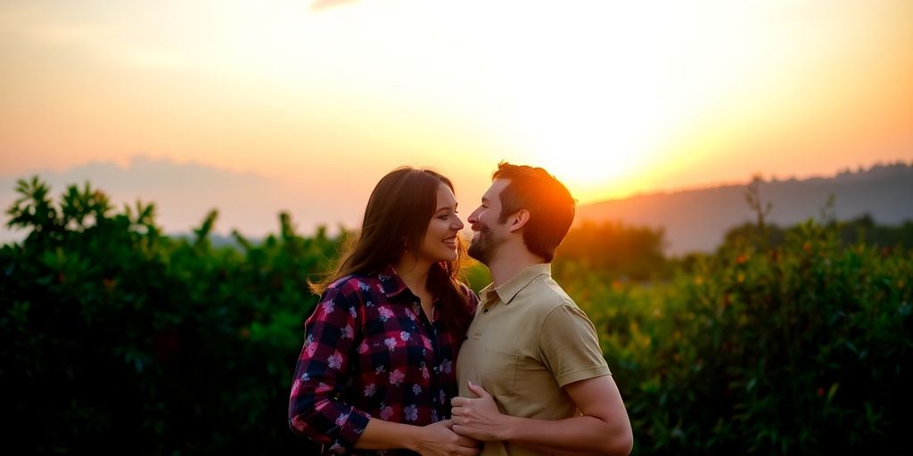 Couple enjoying a sunset outdoors, surrounded by greenery.