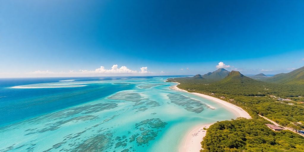 Aerial view of Caribbean islands with turquoise waters and beaches.