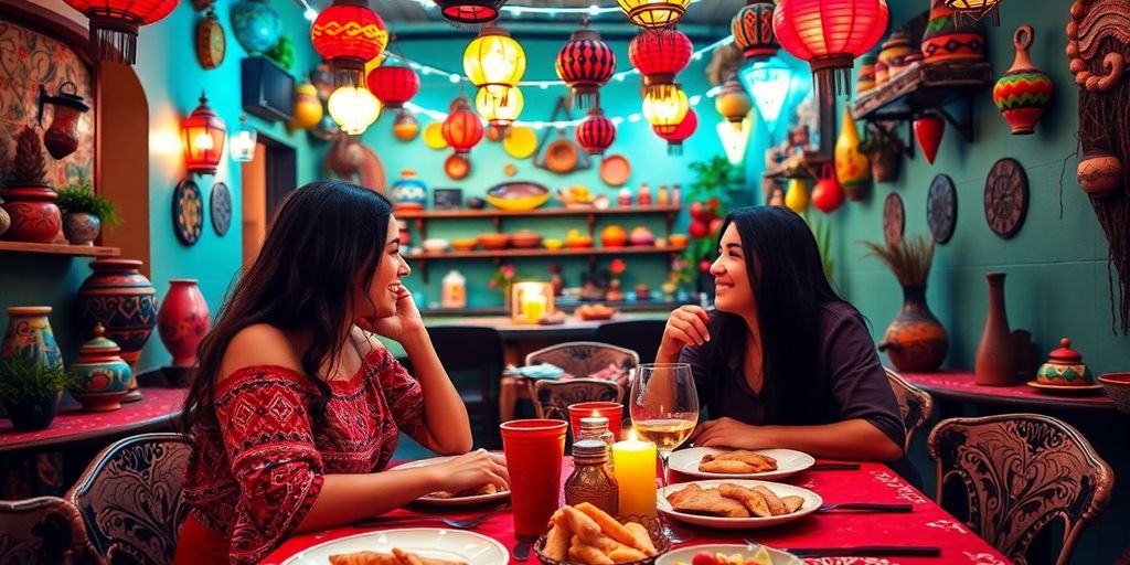 Couple dining in a colorful Mexican restaurant.