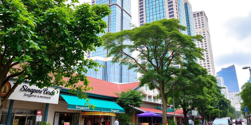 Colorful street scene in Singapore with lush greenery and buildings.