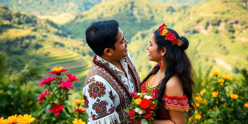 Romantic couple in a South American landscape, lush greenery.