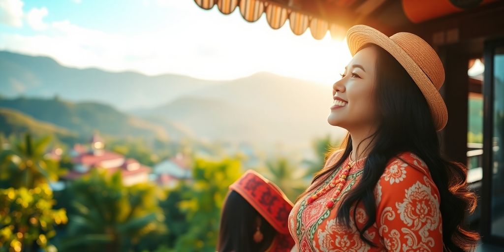 Couple smiling together in a scenic Philippine landscape.