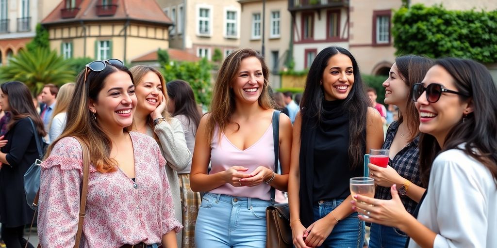 Group of European women laughing together outdoors.