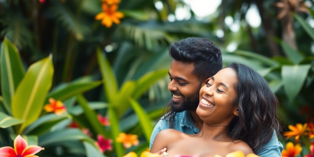 Couple smiling together in a tropical Brazilian setting.