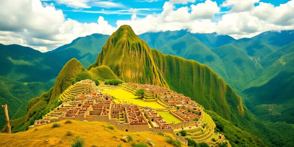 Machu Picchu with green mountains and blue sky.