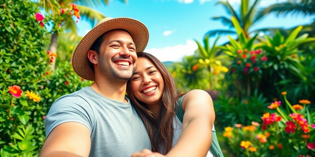 Couple sharing a joyful moment in South America.