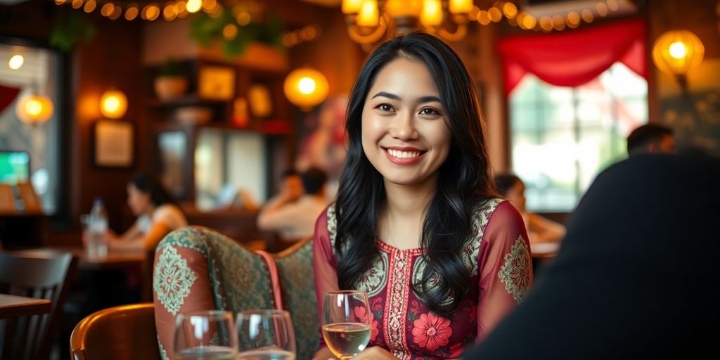 Smiling Filipina woman on a romantic café date.