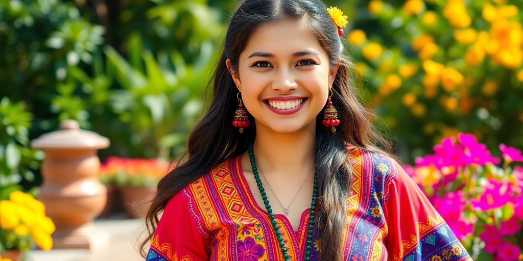 Joyful Colombian woman in colorful attire outdoors.