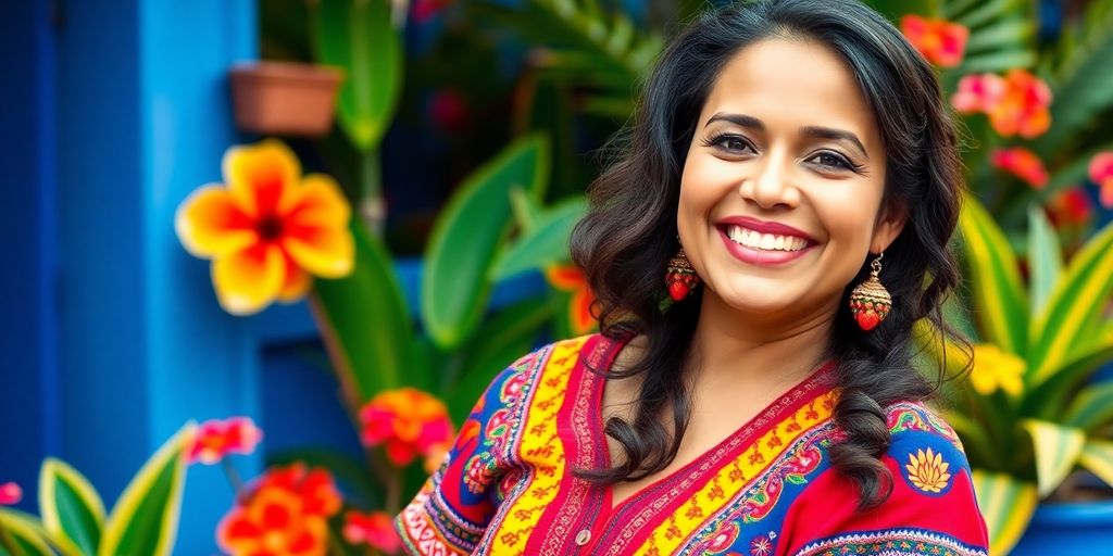 Smiling Colombian woman in traditional attire outdoors.