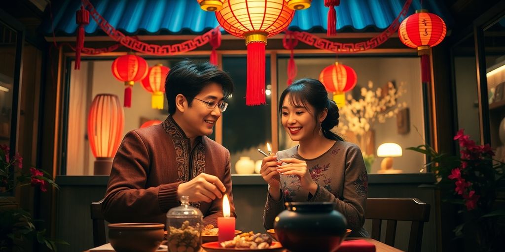 Couple enjoying dinner in a South Korean restaurant.