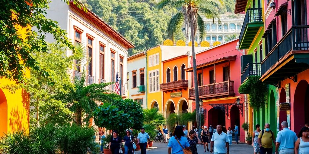 Colorful Colombian street with colonial architecture and locals.