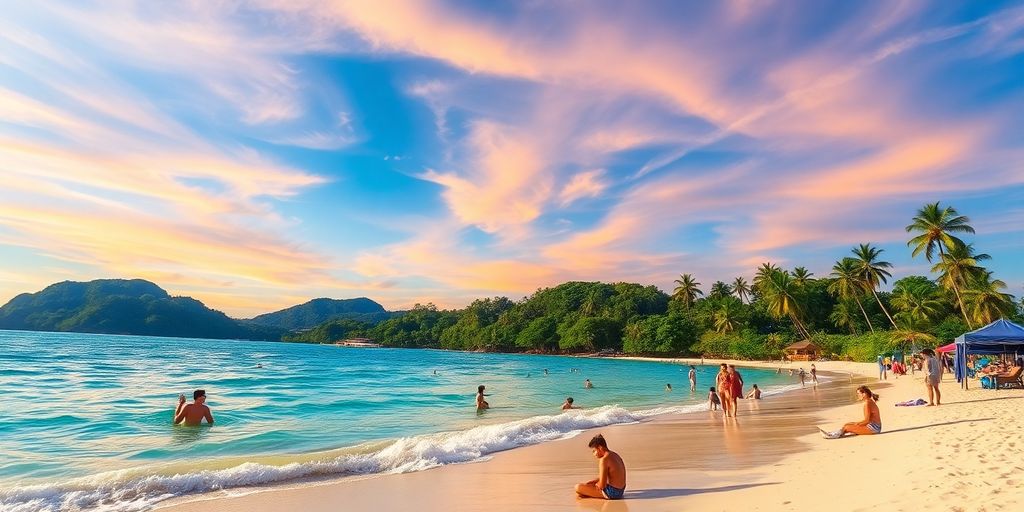 Tropical beach in the Philippines with sunset and tourists.