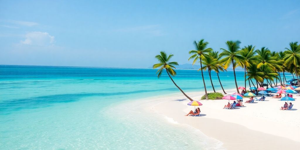 Beautiful Philippine beach with clear water and palm trees.