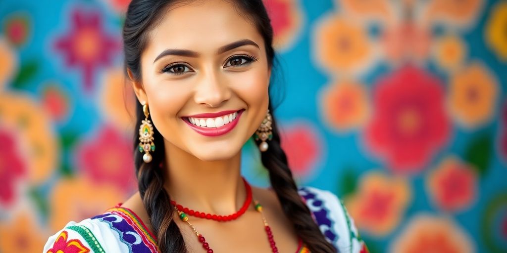 Smiling Colombian woman in traditional dress against colorful backdrop.