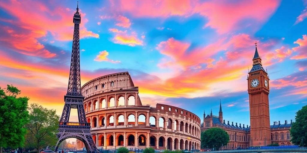 Iconic European landmarks at sunset, beautifully captured.