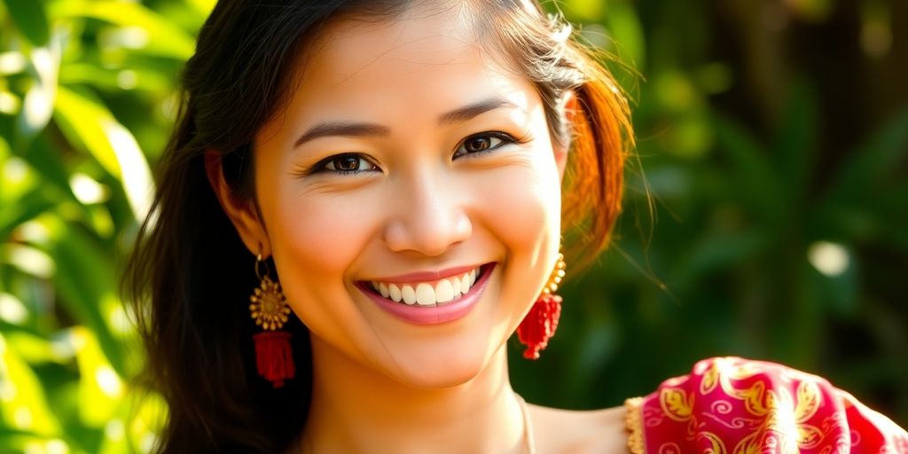 Smiling Filipino woman in traditional attire outdoors.