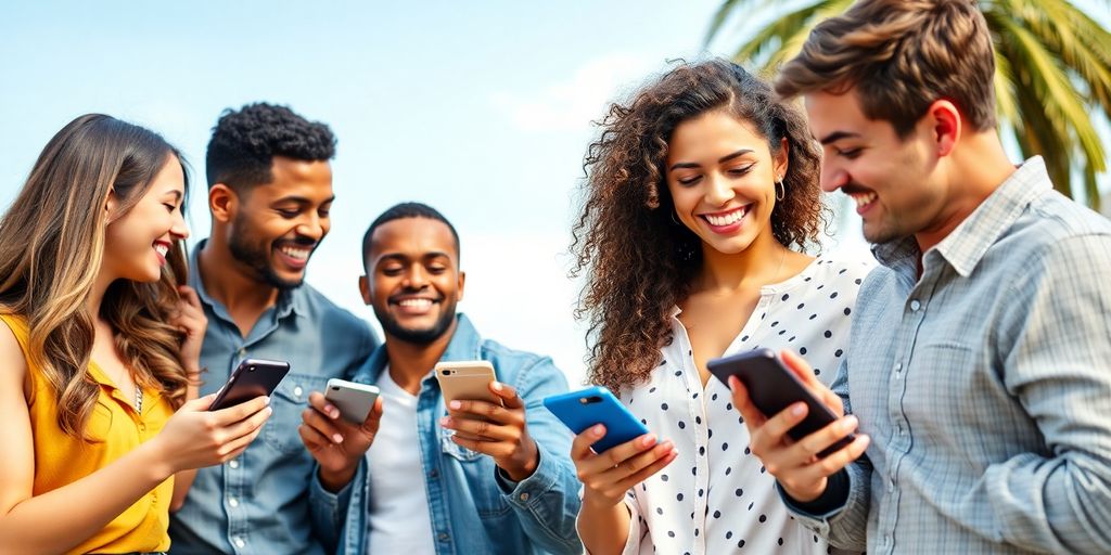 Parejas usando teléfonos inteligentes en entornos de citas al aire libre.