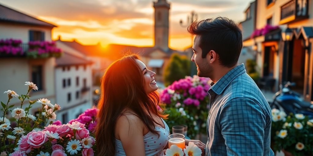 Couple on a terrace enjoying a sunset in Europe.