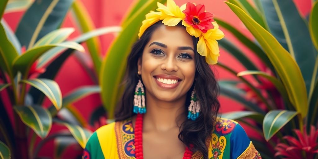 Smiling Brazilian woman in traditional attire amidst tropical plants.