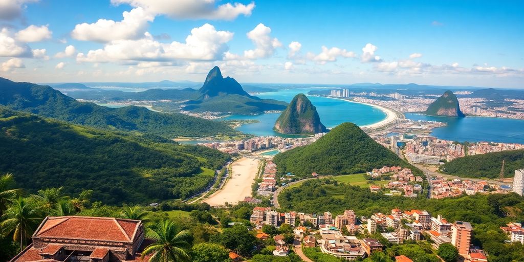 Colorful landscape of Brazil with beaches and rainforests.