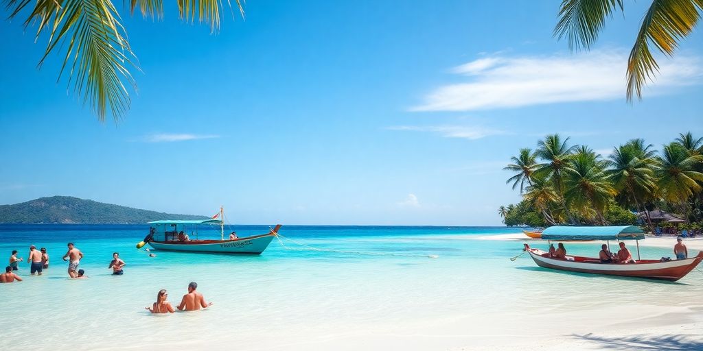 Tropical beach in the Philippines with clear waters and palm trees.