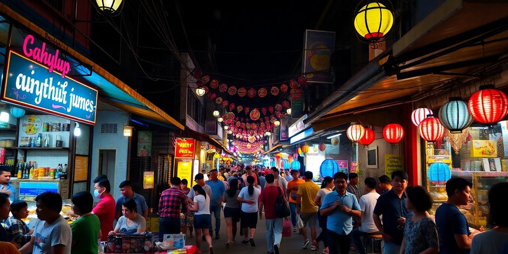 Vibrant nightlife scene in the Philippines with people.