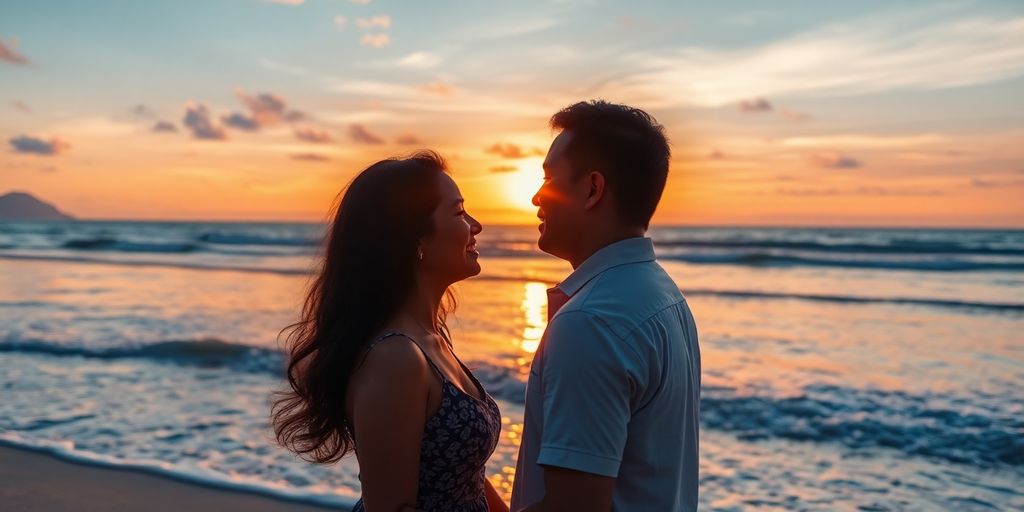 Couple on a beach at sunset in the Philippines.