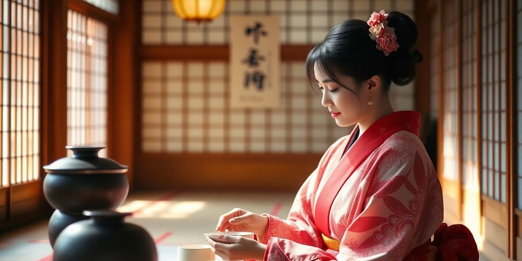 Japanese woman in a kimono during a tea ceremony.