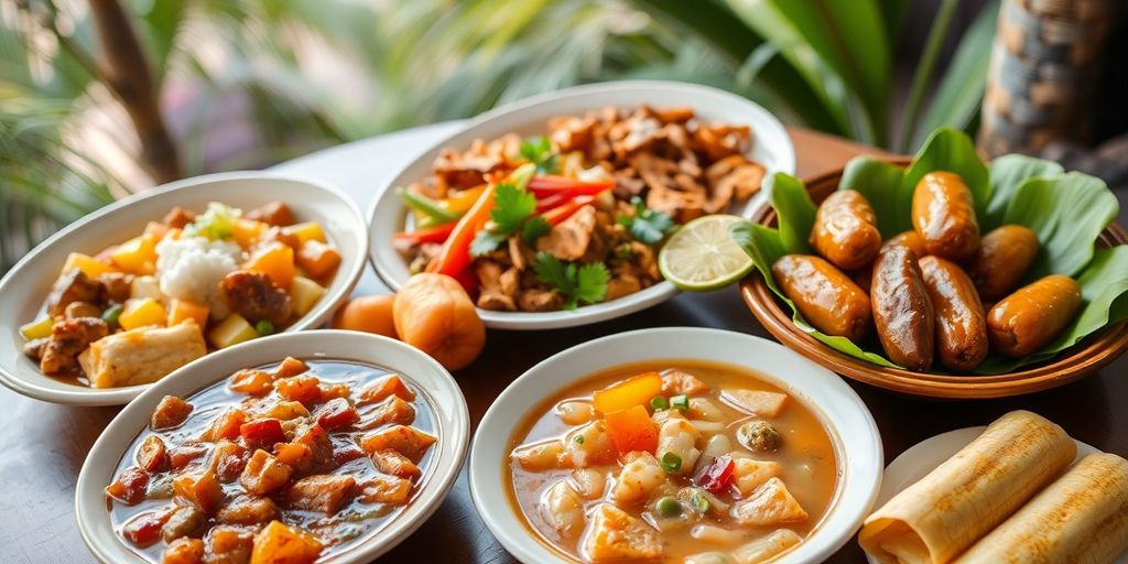 A colorful display of Filipino food dishes on a table.