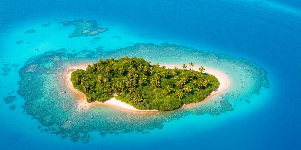 Aerial view of a tropical island with turquoise water.