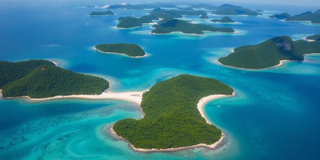 Aerial view of beautiful Indonesian islands with clear waters.