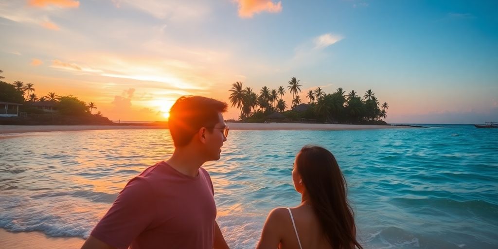 Couple on a beach in the Philippines at sunset.