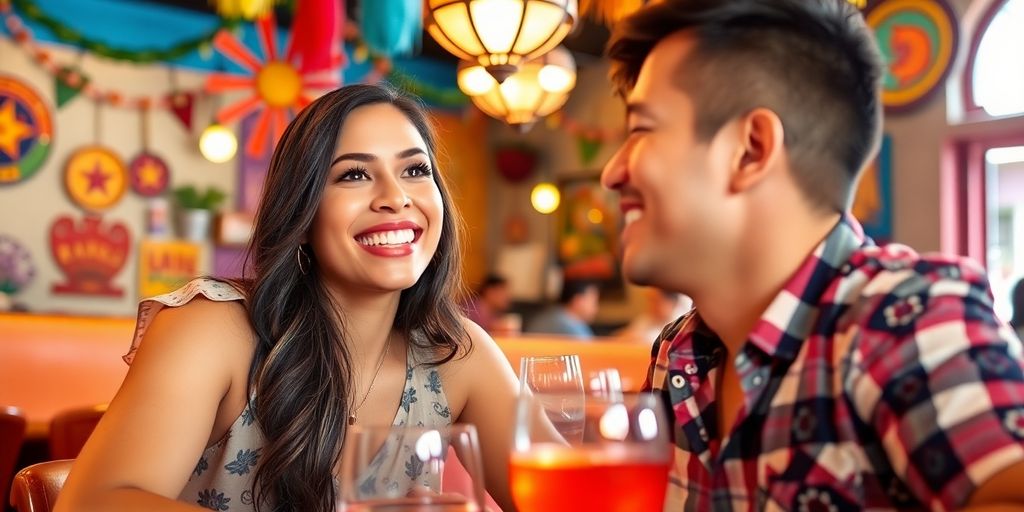 Couple enjoying a lively date in a colorful setting.