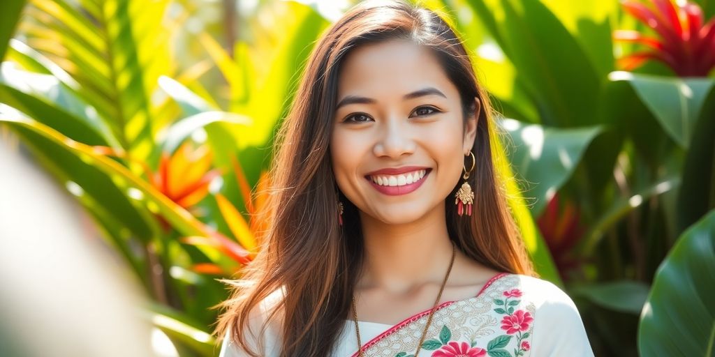 Filipina woman smiling amidst tropical plants in traditional attire.