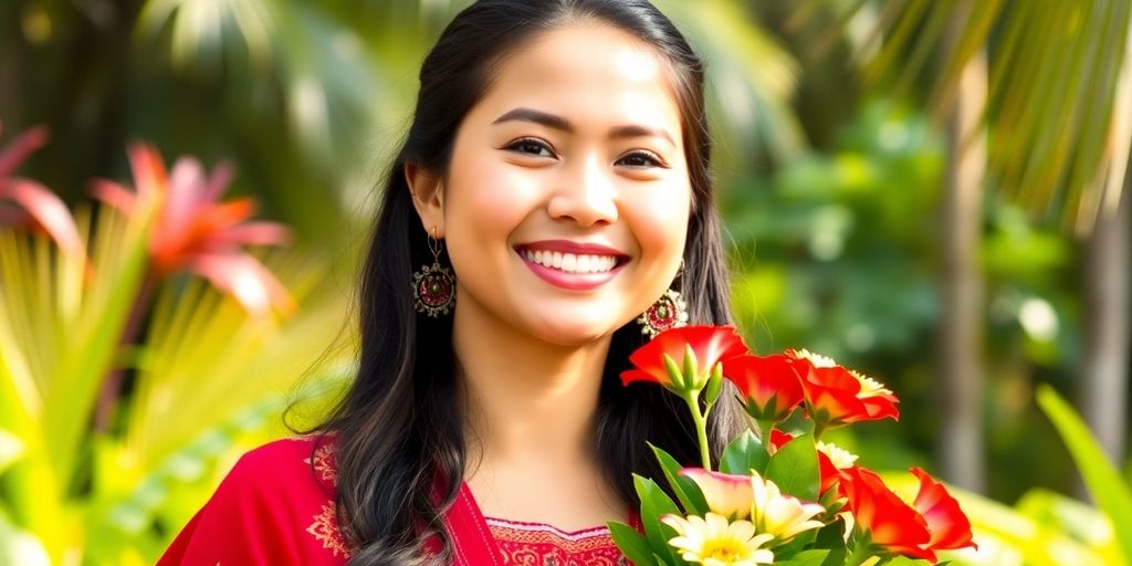 Smiling Filipina woman in traditional clothing with flowers.